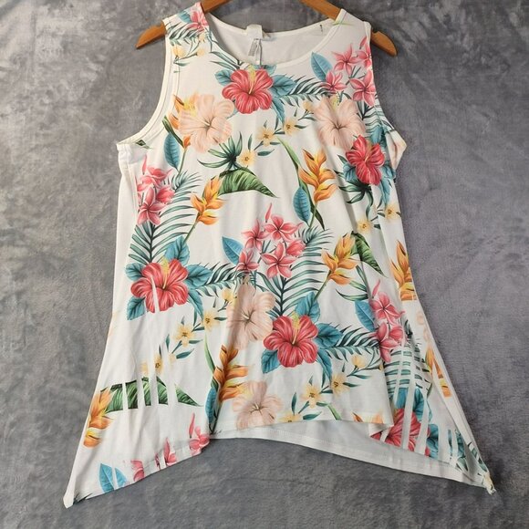 Brittany Black Tops - Brittany Black Womens Tank Top M White Floral Tropical Asymmetrical Hem Vacation